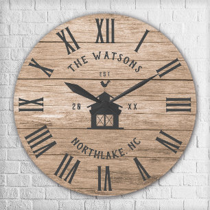 Grande Horloge Ronde Rustic Modern Farmhouse Personnalisé Nom de famill