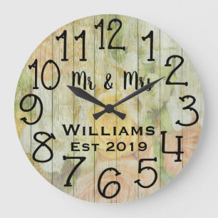 Grande Horloge Ronde Rustic Personalized Antique Floral Wood