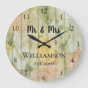 Grande Horloge Ronde Rustic Personalized Antique Floral Wood
