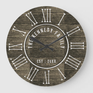 Grande Horloge Ronde Rustic wood Family Nom Farmhouse Roman Numeral