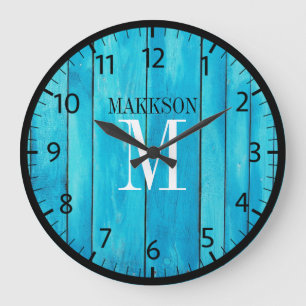 Grande Horloge Ronde Rustic Wood Nom de famille Monogramme