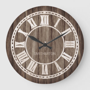 Grande Horloge Ronde Rustic Wood Roman Numéros Pays Farmhouse Nom