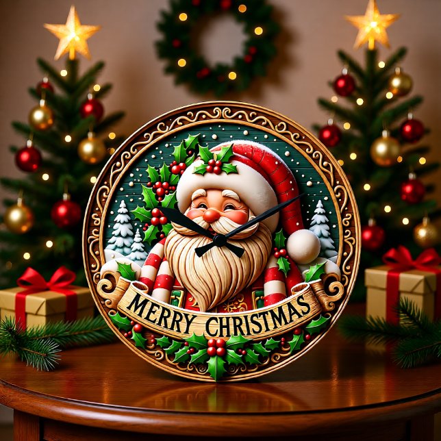 Grande Horloge Ronde Rustic Wood Santa Merry (Créateur téléchargé)