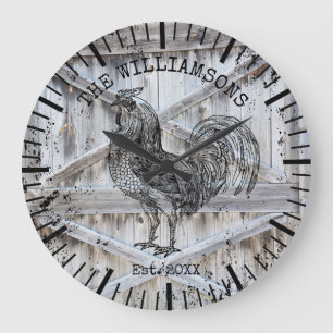 Grande Horloge Ronde Rustique Bois Vintage Nom de Famille Ferme Coq