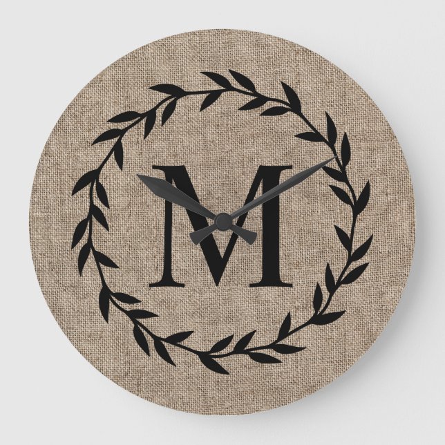 Grande Horloge Ronde Rustique Laurel Wreath Famille Monogramme Ferme (Recto)
