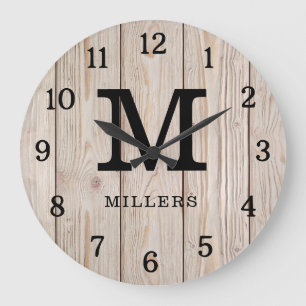 Grande Horloge Ronde Rustique Lumière Brown Bois Nom de famille Monogra