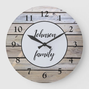 Grande Horloge Ronde Rustique Moderne Élégant Nom de Famille en Bois