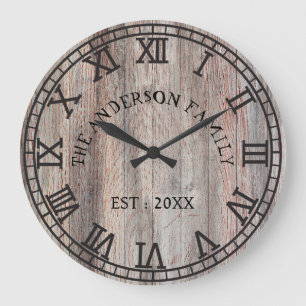 Grande Horloge Ronde Rustique Monogram Farmhouse Nom de famille personn