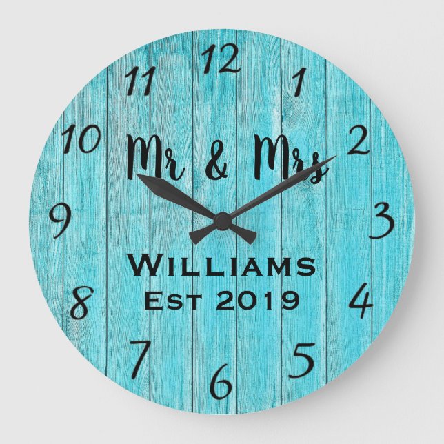 Grande Horloge Ronde Rustique Personnalisé Bois Turquoise Personnalisé  (Recto)