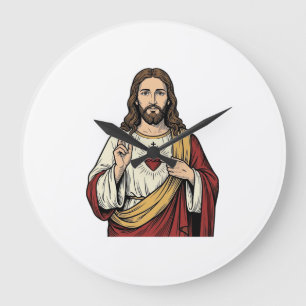 Grande Horloge Ronde Sacré-Cœur Jésus Gravure Vintage Art Vectoriel_1