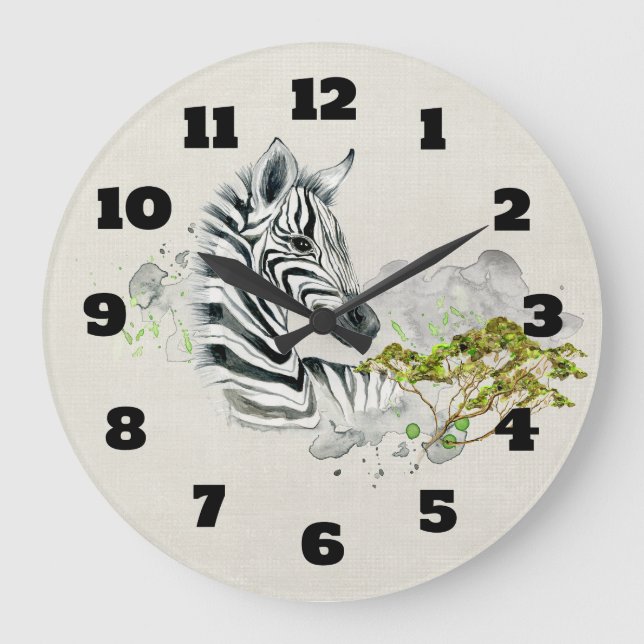 Grande Horloge Ronde Safari Zebra Avec Savannah Arbres Vert Aquarelle (Recto)