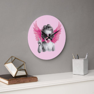 Grande Horloge Ronde Saint-Valentin soufflant une bulle Cupidon Saint-V