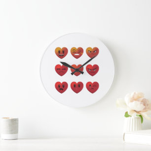 Grande Horloge Ronde Saint-Valentin Visages Rigolos Coeurs Drôle