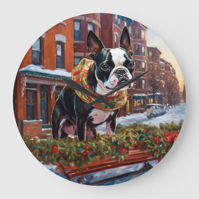 Grande Horloge Ronde Saison de Noël de Boston Terrier (Recto)