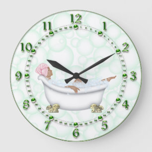 Grande Horloge Ronde Salle De Bains Verte Chiffres Brillants Bulles