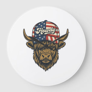 Grande Horloge Ronde Salut Vache Highland Patriotique Design Western Vi