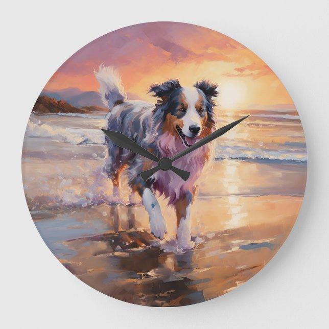 Grande Horloge Ronde Sandy Australian Shepherd Dog on Beach Sunset (Recto)