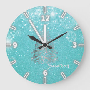 Grande Horloge Ronde Sapin de Noël argenté, paillettes bleues - Personn