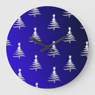 Grande Horloge Ronde Sapins de Noël Argent sur Bleu Cobalt