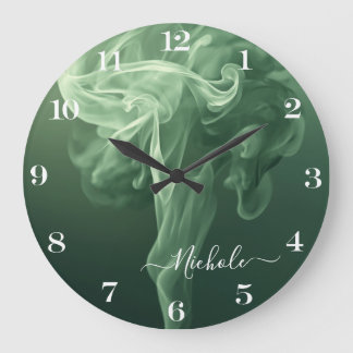 Grande Horloge Ronde Sauge verte fumée personnalisée