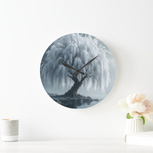 Grande Horloge Ronde Saule pleureur au bord d'un étang, noir et blanc