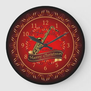 Grande Horloge Ronde Saxophone ~ Joyeux Noël ~ Maroon & Noir ~