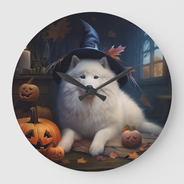 Grande Horloge Ronde Scary d'Halloween Citrouille Samoyé (Recto)