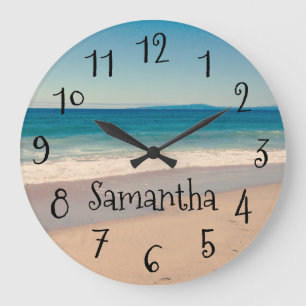 Grande Horloge Ronde Scène de plage aqua personnalisée Texte noir