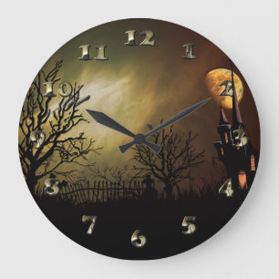 Grande Horloge Ronde Scène d'Halloween avec château mystique