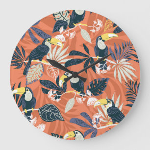 Grande Horloge Ronde Scène Exotique Toucan Jungle