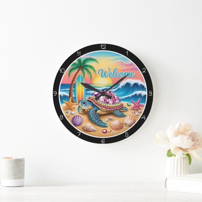 Grande Horloge Ronde Scène Tropical Turtle Beach Timepiece (Maison)