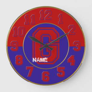 Grande Horloge Ronde School Colors Clock, Red & Blue Letter