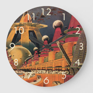 Grande Horloge Ronde Science-fiction vintage Cité Futuriste Voiture Vol