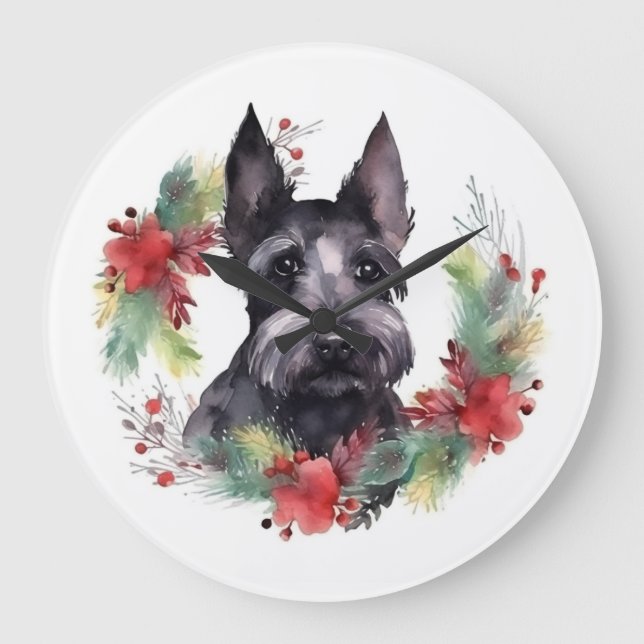 Grande Horloge Ronde Scottish Terrier Christmas Wreath Festive Pup (Recto)