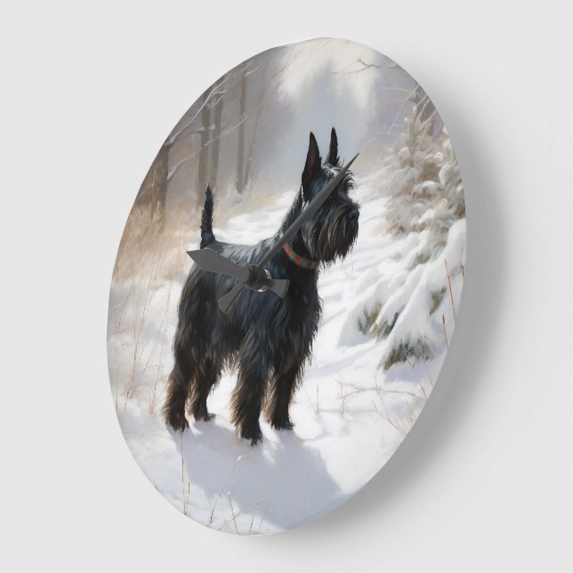 Grande Horloge Ronde Scottish Terrier Laisser Il Neige Noël (Angle)