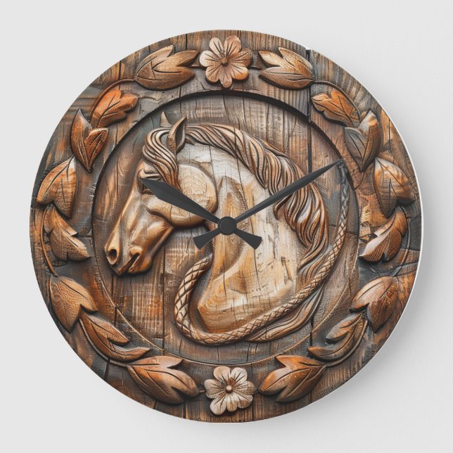 Grande Horloge Ronde Sculpture sur bois de cheval Country Western   (Recto)