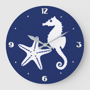 Grande Horloge Ronde Seahorse & starfish - navy blue and white