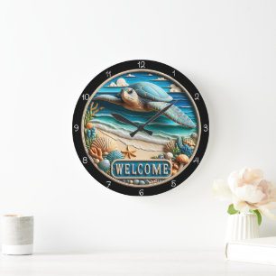 Grande Horloge Ronde Serene Sea Turtle Beach Bienvenue Timepiece