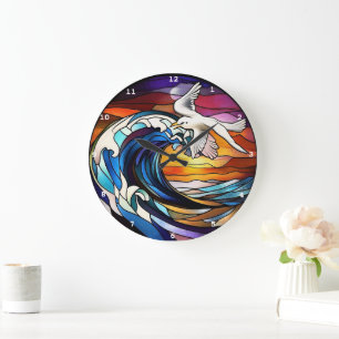 Grande Horloge Ronde Sérénité Côtière" - Verre Tiré Ocean Waves Wall