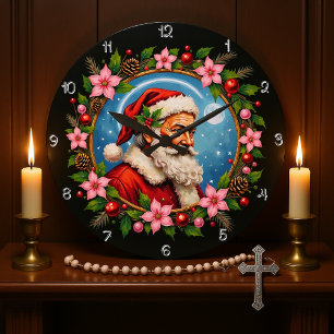 Grande Horloge Ronde Serre de Noël artistique du Père Noël