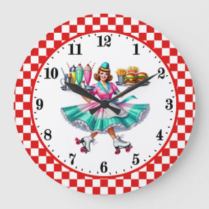 Grande Horloge Ronde Serveuse de diner rétro cool années 50