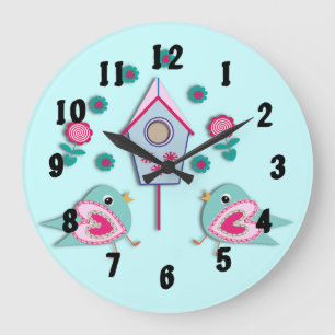 Grande Horloge Ronde Shabby Chic Style Oiseaux Fleurs Photo Rose Turquo