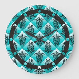 Grande Horloge Ronde Shamanic Tortues de mer Motif - cyan