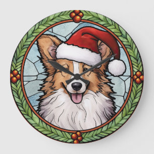 Grande Horloge Ronde Sheltie Vitrail Noël