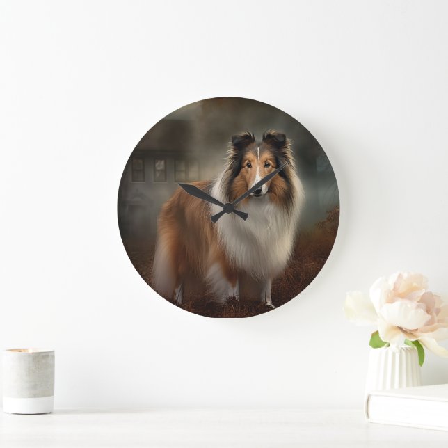 Grande Horloge Ronde Shetland Sheepdog Halloween effrayant (Maison)