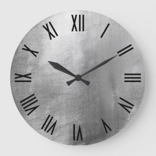 Grande Horloge Ronde Shiny Silver Faux Foil Black Roman