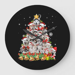 Grande Horloge Ronde Siberian husky christmas tree lights dog