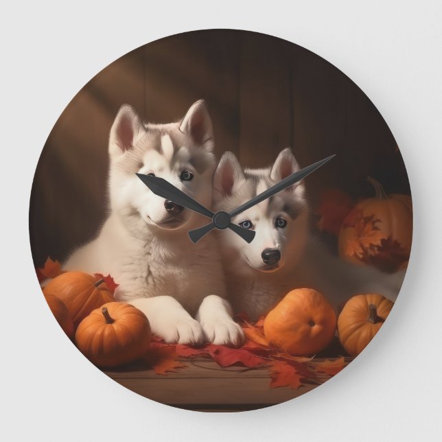 Grande Horloge Ronde Sibérie Husky Puppy Citrouille d'automne (Recto)