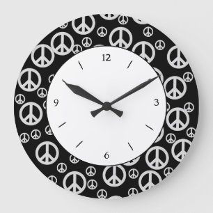 Grande Horloge Ronde Signes de paix noirs et blancs