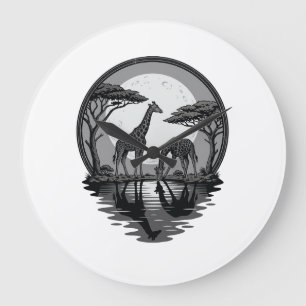 Grande Horloge Ronde Silhouette de girafe vintage safari vectoriel lune